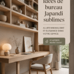 Un bureau soigneusement décoré dans un style Japandi, avec des éléments naturels et une palette de couleurs douces.