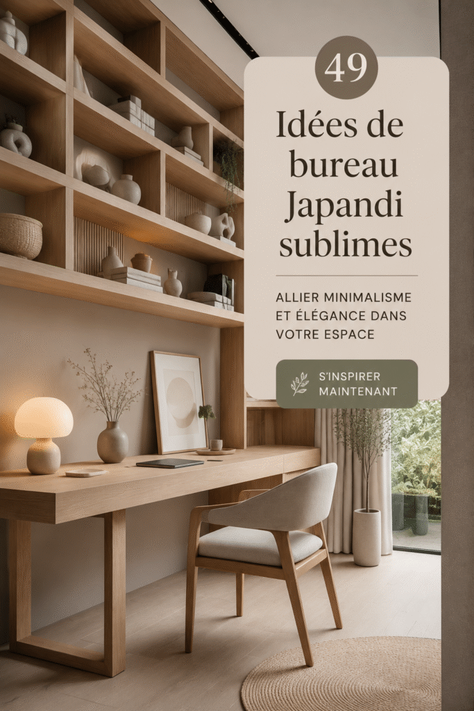 Un bureau soigneusement décoré dans un style Japandi, avec des éléments naturels et une palette de couleurs douces.