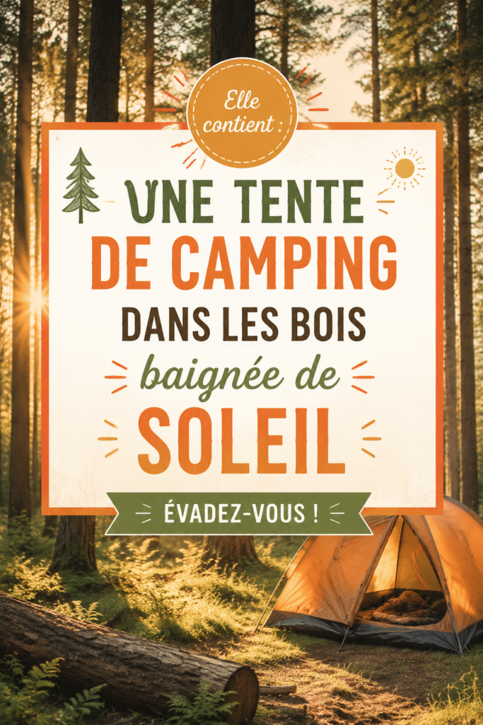 Tente de camping installée dans une forêt ensoleillée avec des arbres entourants.
