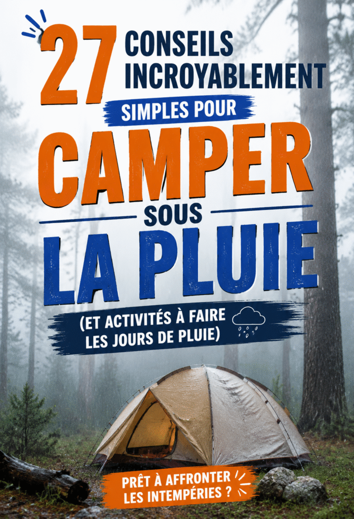 Une tente de camping sous la pluie entourée de nature verdoyante.