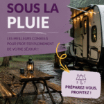 Un groupe de campeurs heureux sous une tente imperméable lors d'une journée pluvieuse.