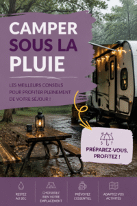 Un groupe de campeurs heureux sous une tente imperméable lors d'une journée pluvieuse.
