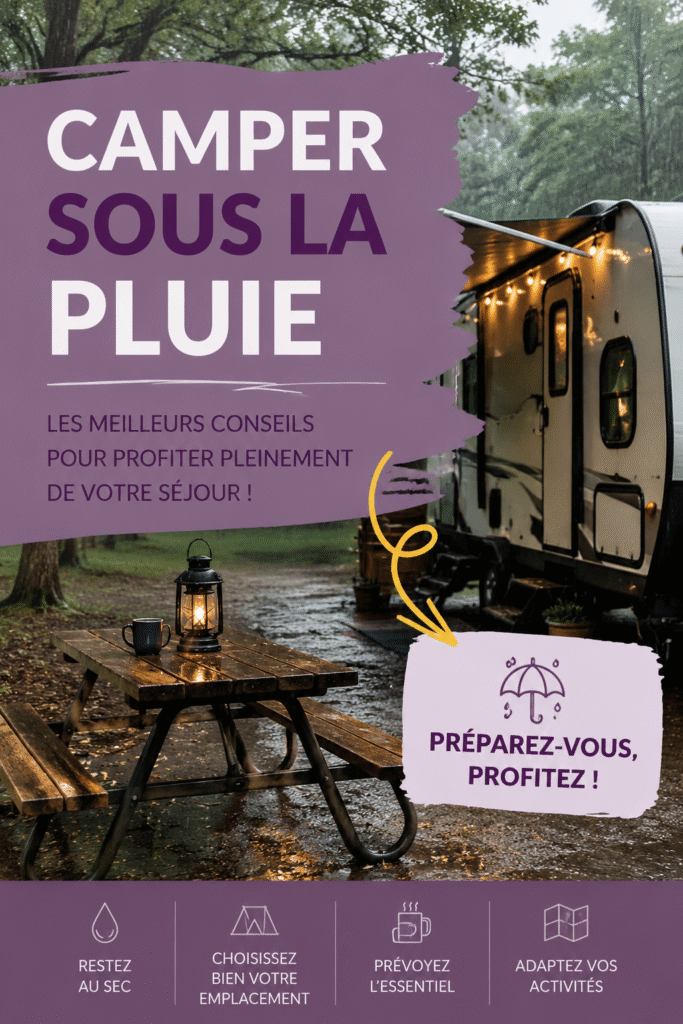 Un groupe de campeurs heureux sous une tente imperméable lors d'une journée pluvieuse.