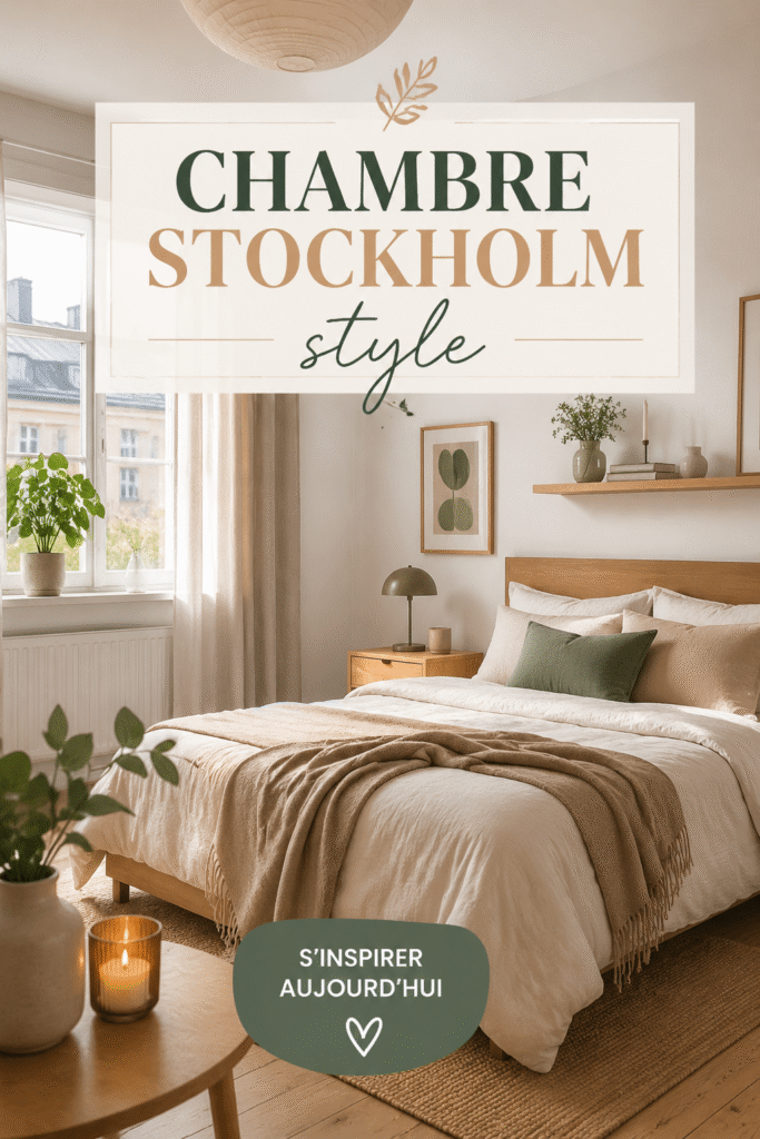 Chambre au style nordique inspirée de Stockholm, avec des couleurs douces et des meubles en bois clair.