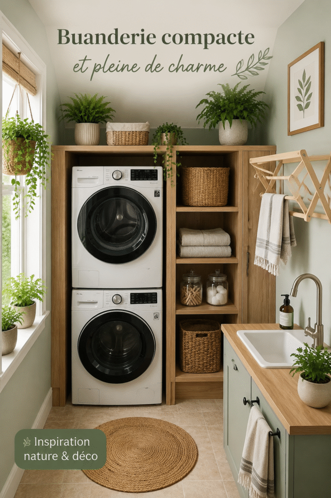 Un espace buanderie chic avec des plantes vertes et un décor épuré.