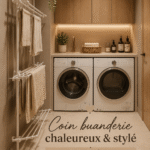 Espace buanderie cosy avec machine à laver et décoration chaleureuse