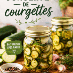 Bocaux de courgettes en conserve sur une table en bois, prêts à être dégustés.