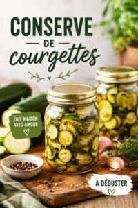 Bocaux de courgettes en conserve sur une table en bois, prêts à être dégustés.
