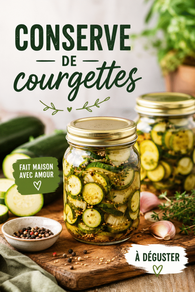 Bocaux de courgettes en conserve sur une table en bois, prêts à être dégustés.