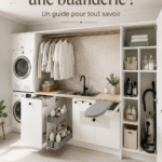 Femme aménageant sa buanderie avec des équipements pratiques et modernes.
