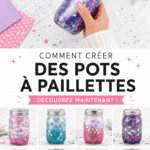 Bocaux scintillants colorés sur une table en bois, ajoutant une touche de magie à la décoration.