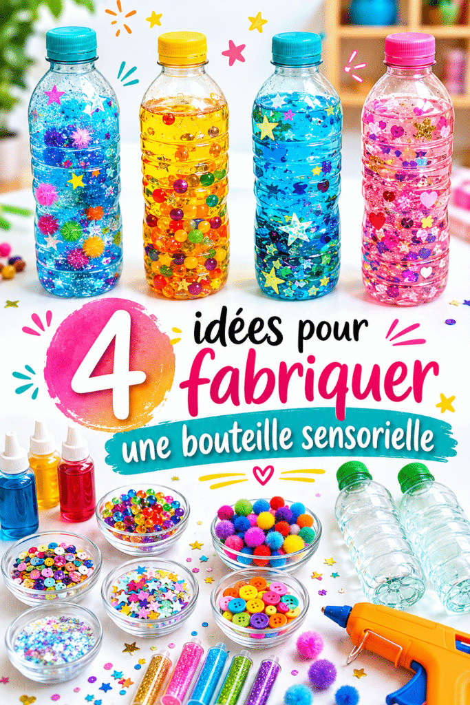 Bouteille sensorielle colorée faite maison avec des paillettes et des perles