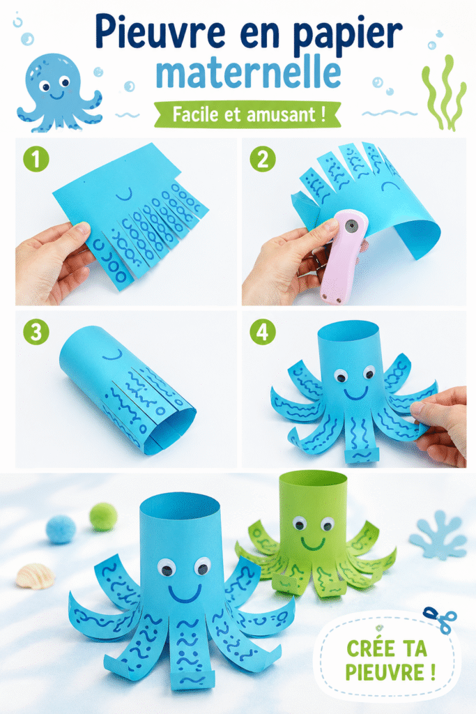 Une pieuvre colorée en papier, réalisée à la main, étalée sur une table de loisirs créatifs.
