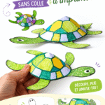 Image d'une tortue en papier colorée sans colle, réalisée par des enfants.