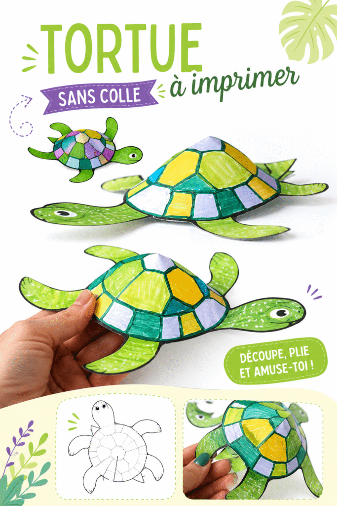 Image d'une tortue en papier colorée sans colle, réalisée par des enfants.