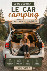 Femme se reposant dans sa voiture pendant un car camping avec des lumières décoratives.