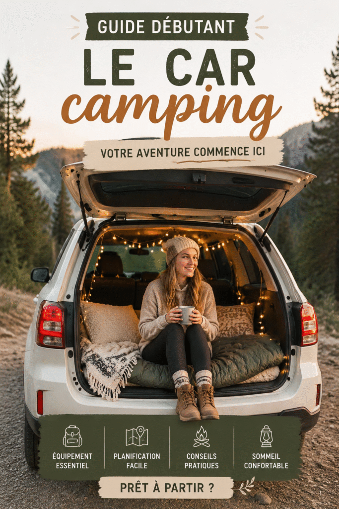 Femme se reposant dans sa voiture pendant un car camping avec des lumières décoratives.