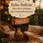 Balcon boho décoré avec des coussins colorés et des plantes vertes