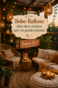 Balcon boho décoré avec des coussins colorés et des plantes vertes