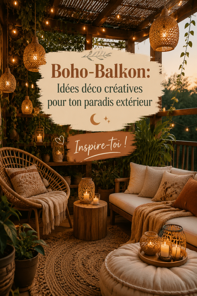 Balcon boho décoré avec des coussins colorés et des plantes vertes