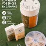 Bocaux colorés contenant des épices pour le camping sur une table en bois