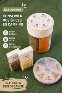 Bocaux colorés contenant des épices pour le camping sur une table en bois