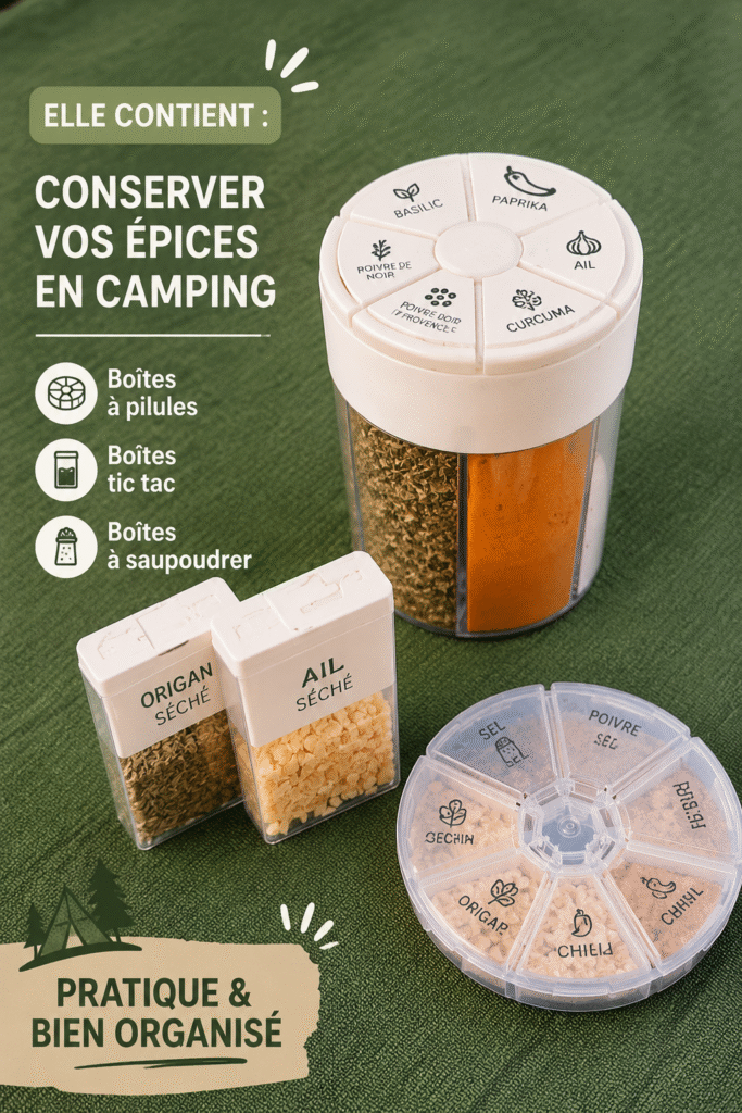 Bocaux colorés contenant des épices pour le camping sur une table en bois
