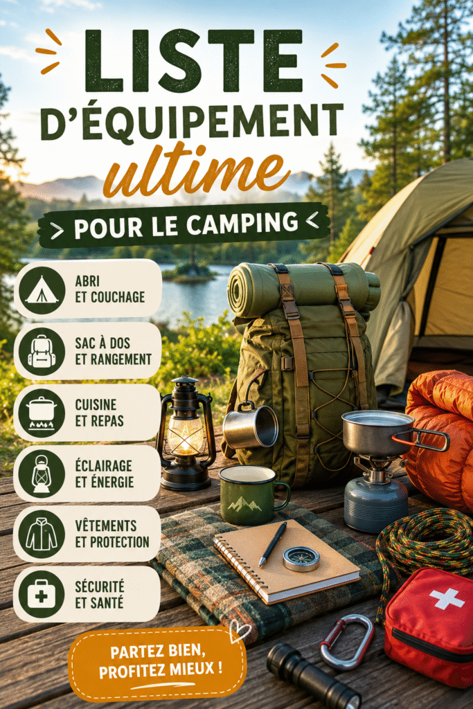 Un ensemble d'équipements de camping disposés sur un fond naturel.