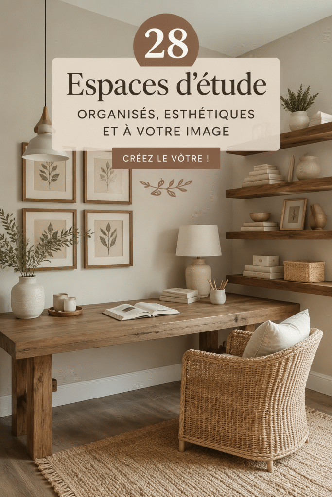 Un espace d'étude lumineux et bien organisé avec des plantes et des fournitures colorées.
