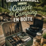 Vue d'ensemble d'une cuisine de camping portable bien équipée, avec des ustensiles et un réchaud à gaz.