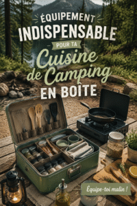 Vue d'ensemble d'une cuisine de camping portable bien équipée, avec des ustensiles et un réchaud à gaz.
