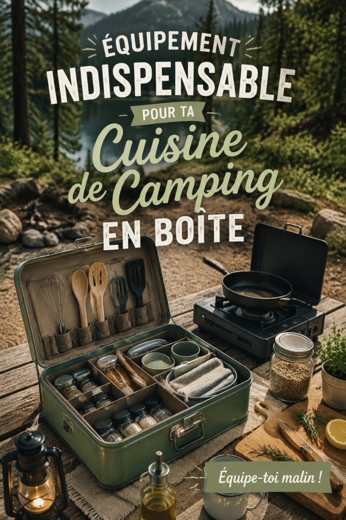 Vue d'ensemble d'une cuisine de camping portable bien équipée, avec des ustensiles et un réchaud à gaz.
