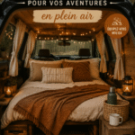 Équipements de randonnée et accessoires outdoor sur une table en bois, prêt pour l'aventure.