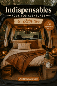 Équipements de randonnée et accessoires outdoor sur une table en bois, prêt pour l'aventure.