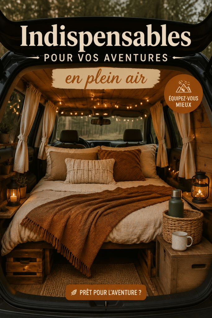 Équipements de randonnée et accessoires outdoor sur une table en bois, prêt pour l'aventure.