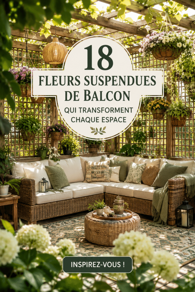 Balcon fleuri avec 18 fleurs suspendues épanouies