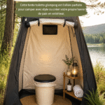 Tente de salle de bain élégante dans un cadre de camping chic, apportant une touche de luxe à l'extérieur.