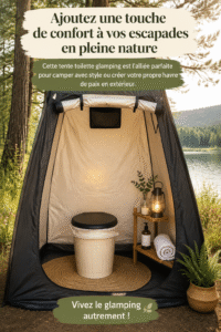 Tente de salle de bain élégante dans un cadre de camping chic, apportant une touche de luxe à l'extérieur.