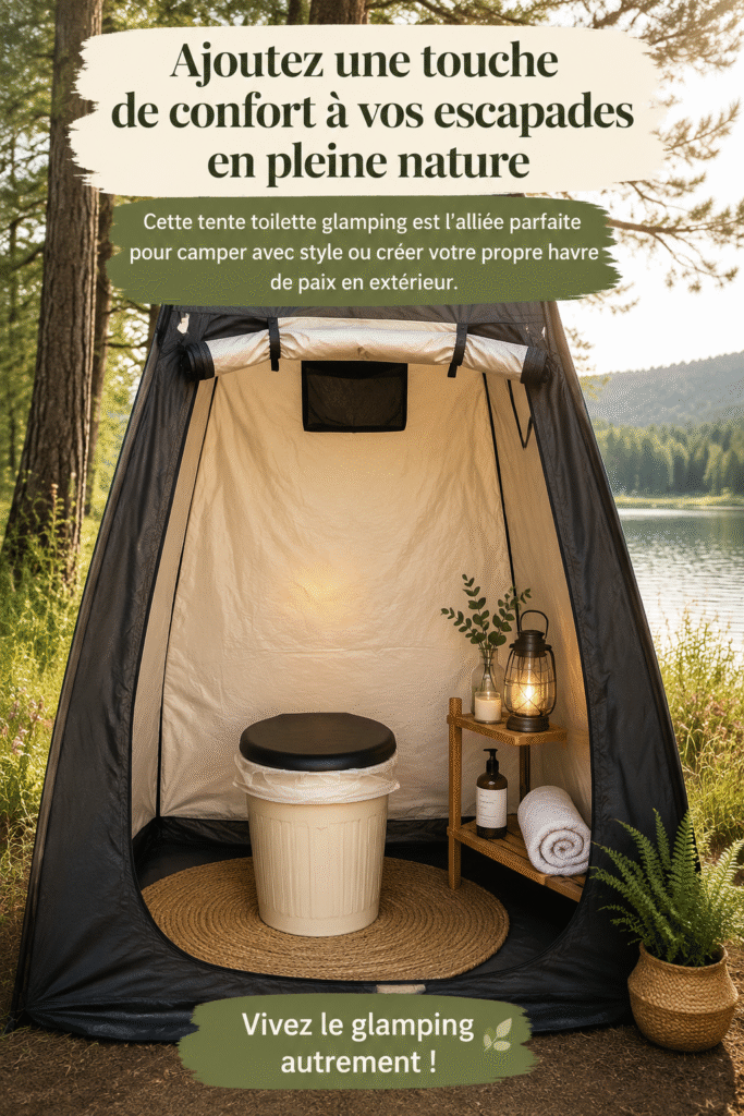 Tente de salle de bain élégante dans un cadre de camping chic, apportant une touche de luxe à l'extérieur.