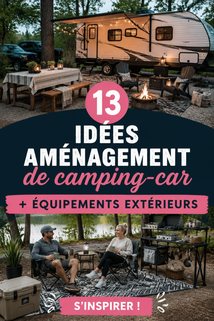 Aménagement extérieur d'un camping-car avec un coin repas cosy