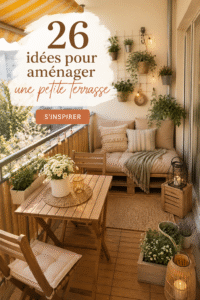 Petite terrasse joliment aménagée avec des plantes et du mobilier confortable.