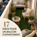 Balcon décoré avec des plantes et des meubles cosy