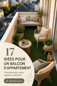 Balcon décoré avec des plantes et des meubles cosy