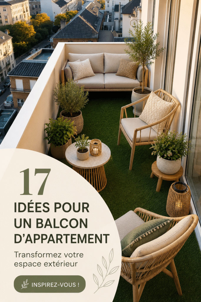 Balcon décoré avec des plantes et des meubles cosy