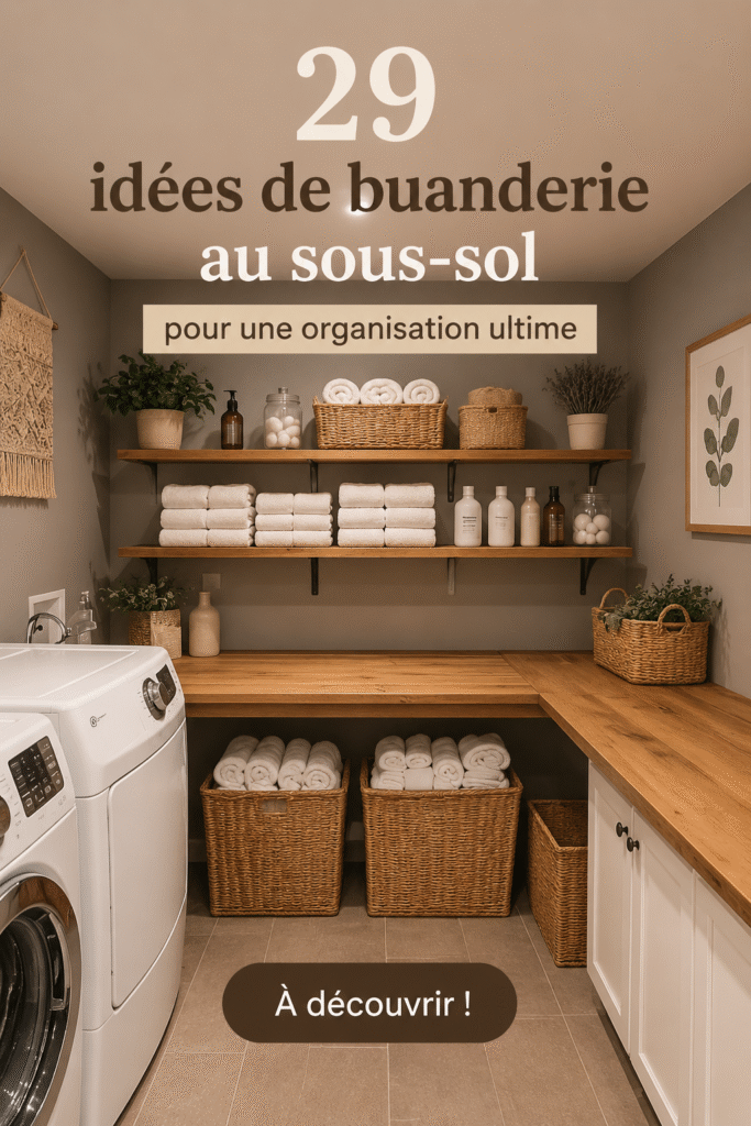 Buanderie au sous-sol bien organisée avec des rangements pratiques