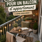 Balcon décoré avec des plantes et du mobilier cozy
