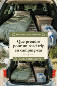 Equipement de camping prêt dans une voiture sur la route.