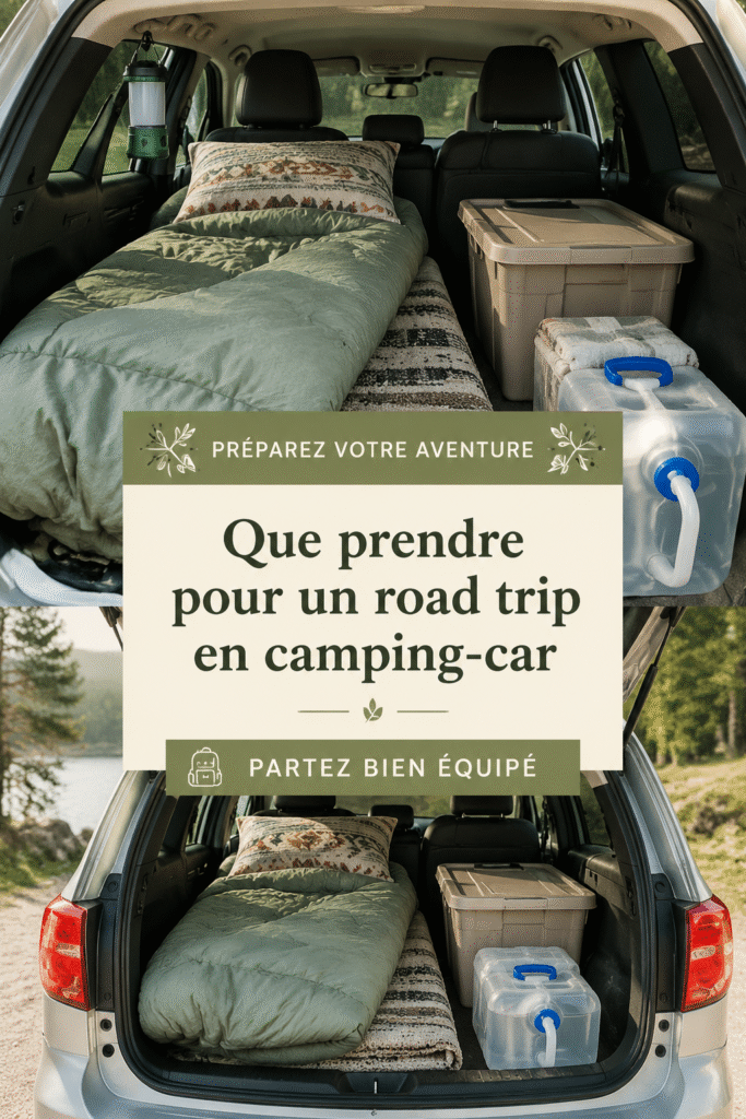 Equipement de camping prêt dans une voiture sur la route.