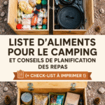 Une liste de repas pour le camping avec des aliments variés disposés sur une table de pique-nique.