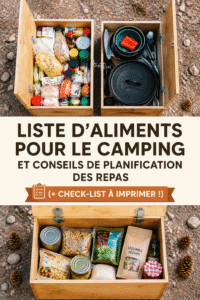 Une liste de repas pour le camping avec des aliments variés disposés sur une table de pique-nique.